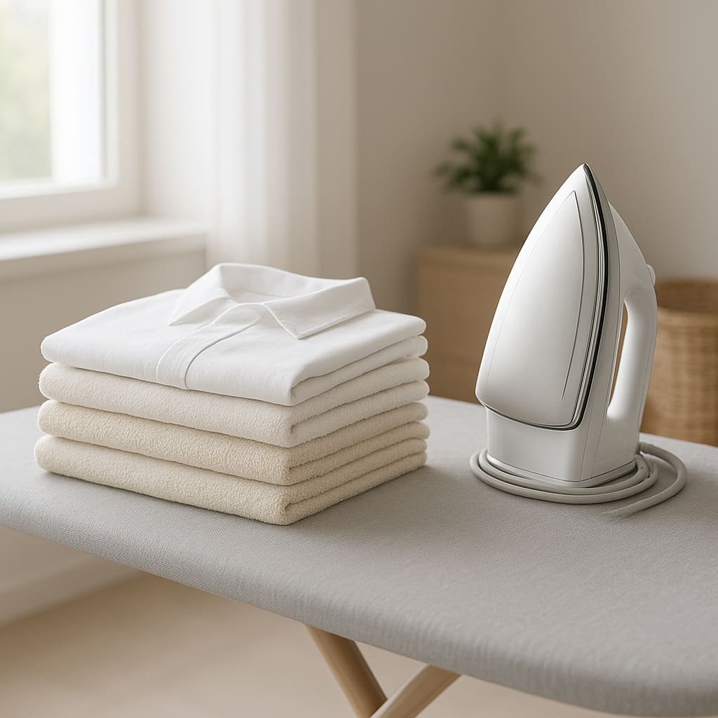 Gefaltete Wäsche und Dampfbügeleisen in hellem Raum