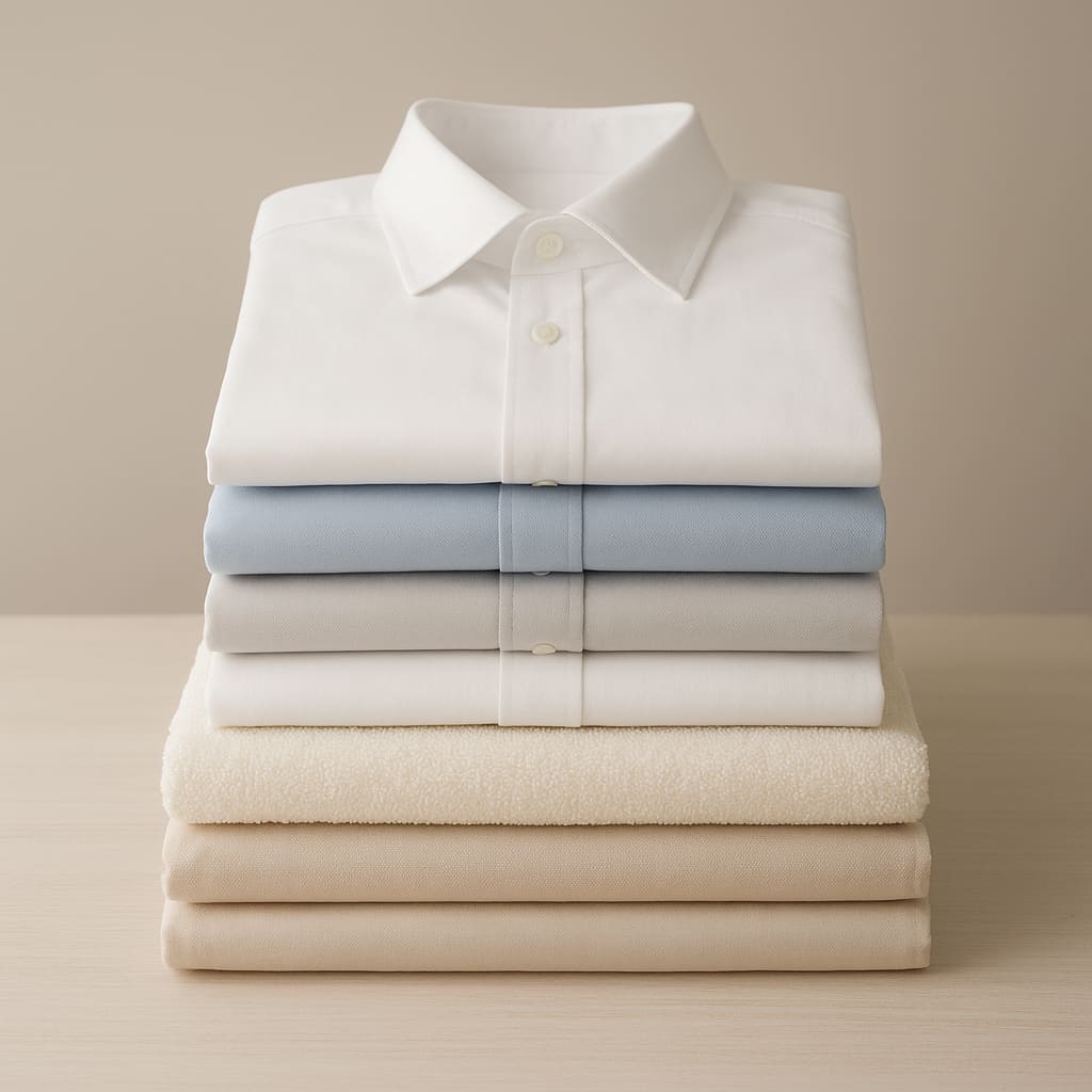 Gebügelte Hemden und gefaltete Wäsche auf Tisch